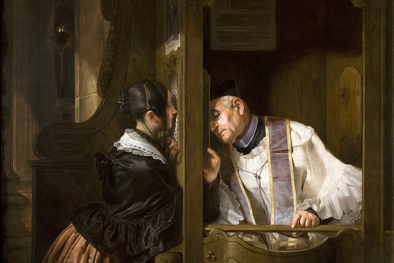 A painting of a penitent woman kneeling at a confessional, speaking with a priest.