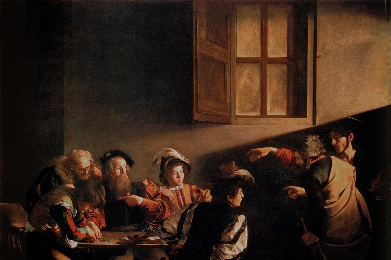 Caravaggio's painting of the Calling of Saint Matthew, showing Christ pointing toward Matthew seated at a table of tax collectors, illuminated by a shaft of light.