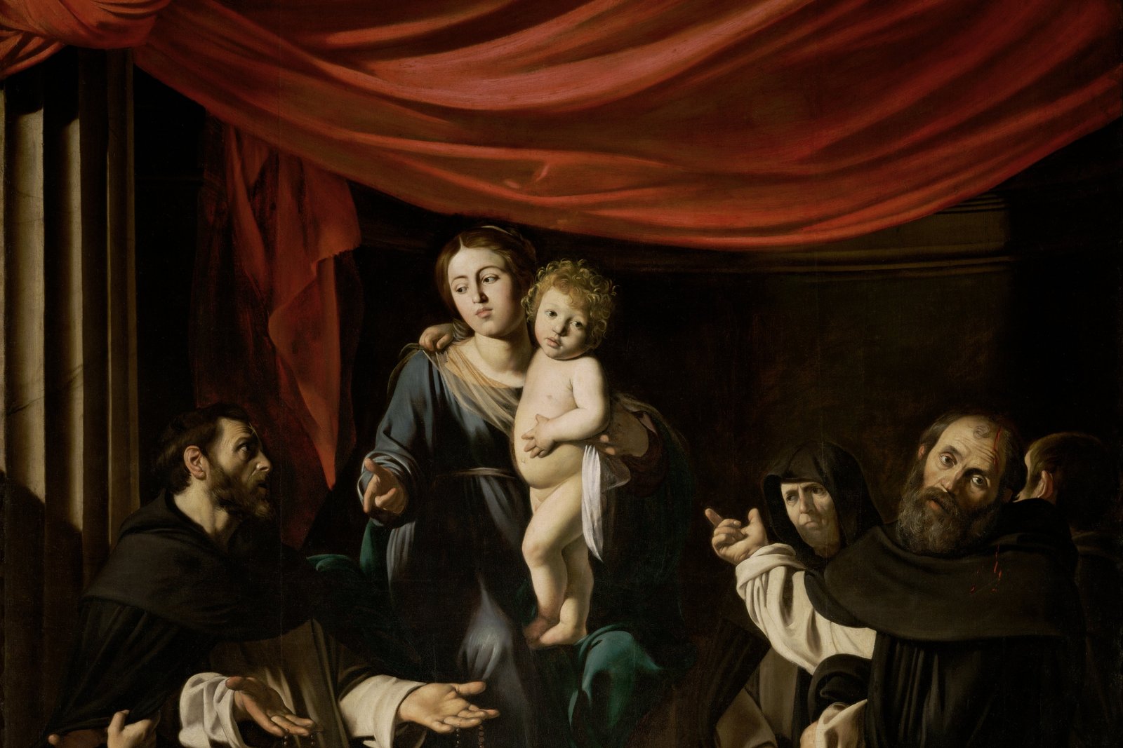 Caravaggio's painting of the Madonna of the Rosary, with the Christ Child and Saint Dominic distributing rosaries to the faithful.