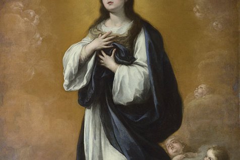 A painting of the Virgin Mary standing on a crescent moon, surrounded by clouds and cherubs, in a traditional Immaculate Conception composition.