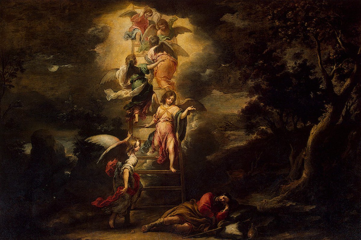 Barockes Gemälde von Engeln, die eine goldene Treppe zum Himmel hinauf- und hinabsteigen, über einem schlafenden Mann am Boden.