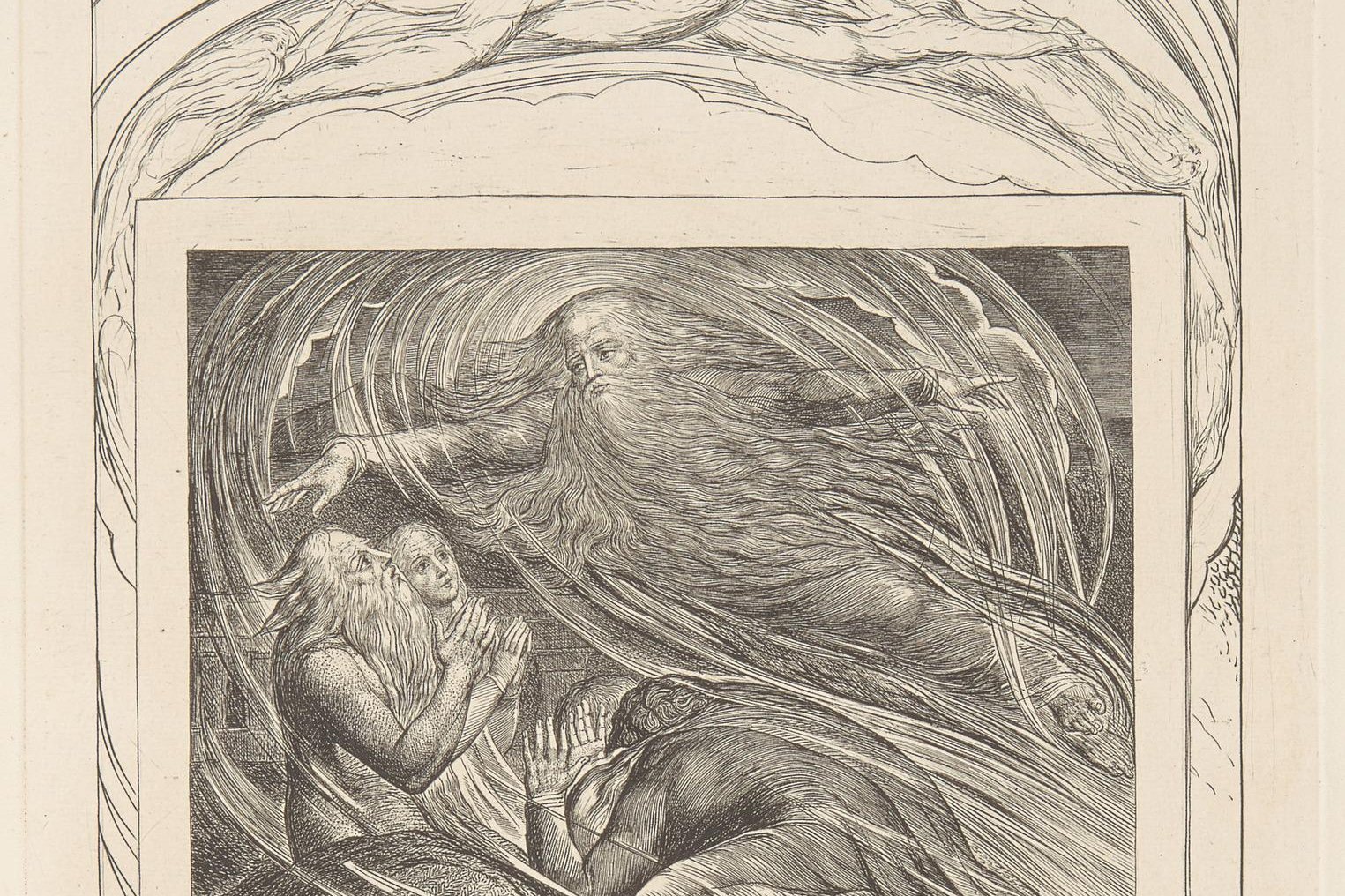 Job kneeling before a swirling storm cloud as the voice of God speaks out of the whirlwind