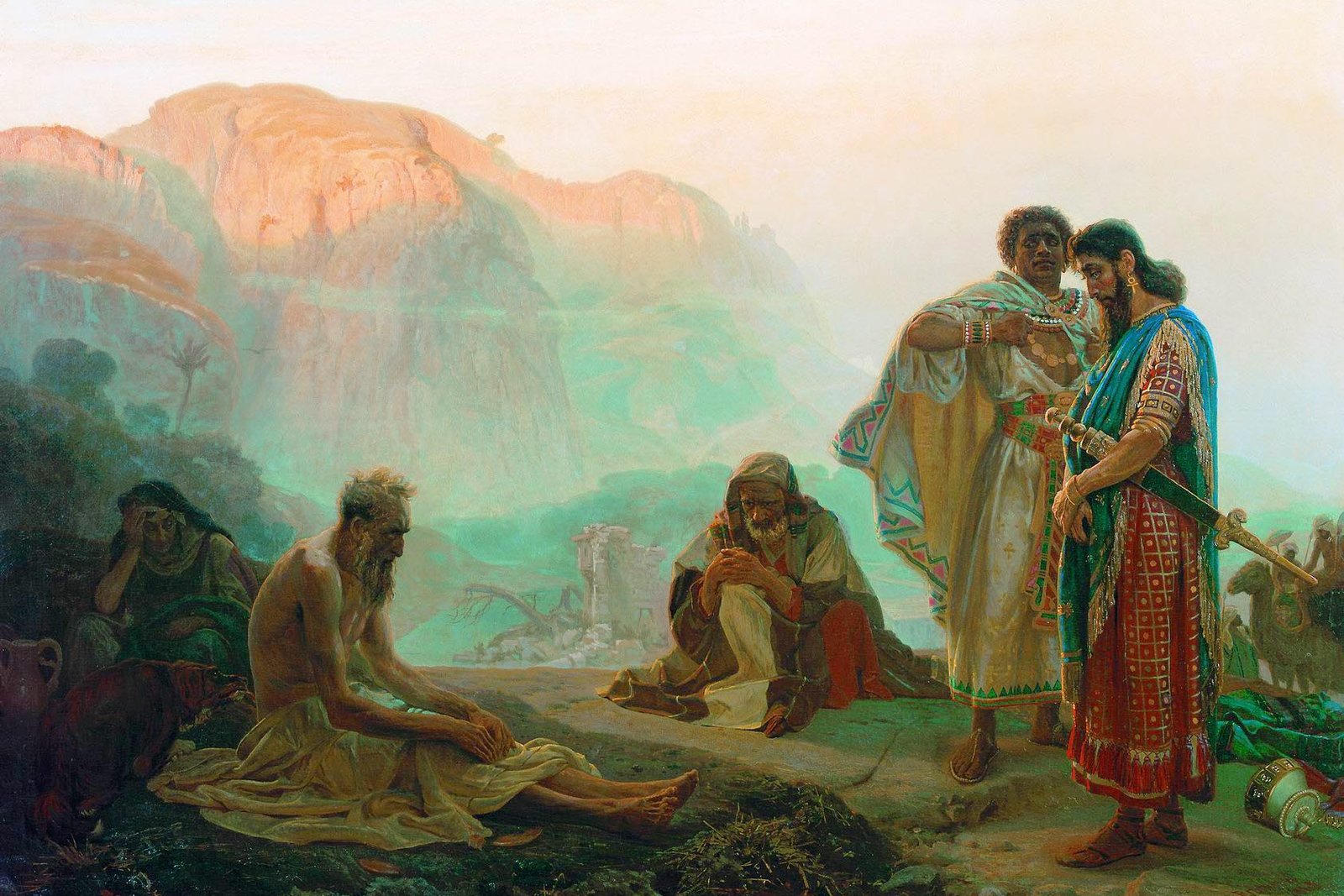 Job seated with his three friends who came to comfort him in his suffering