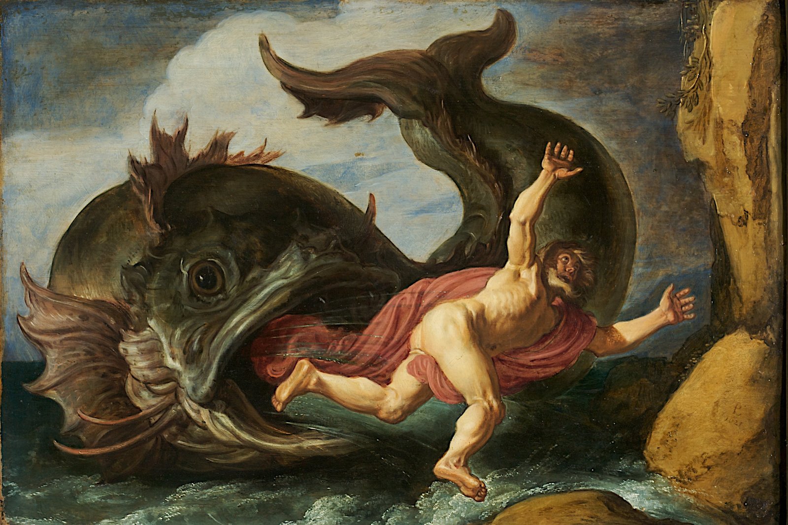 Jonah cast up from the belly of the great fish onto dry land