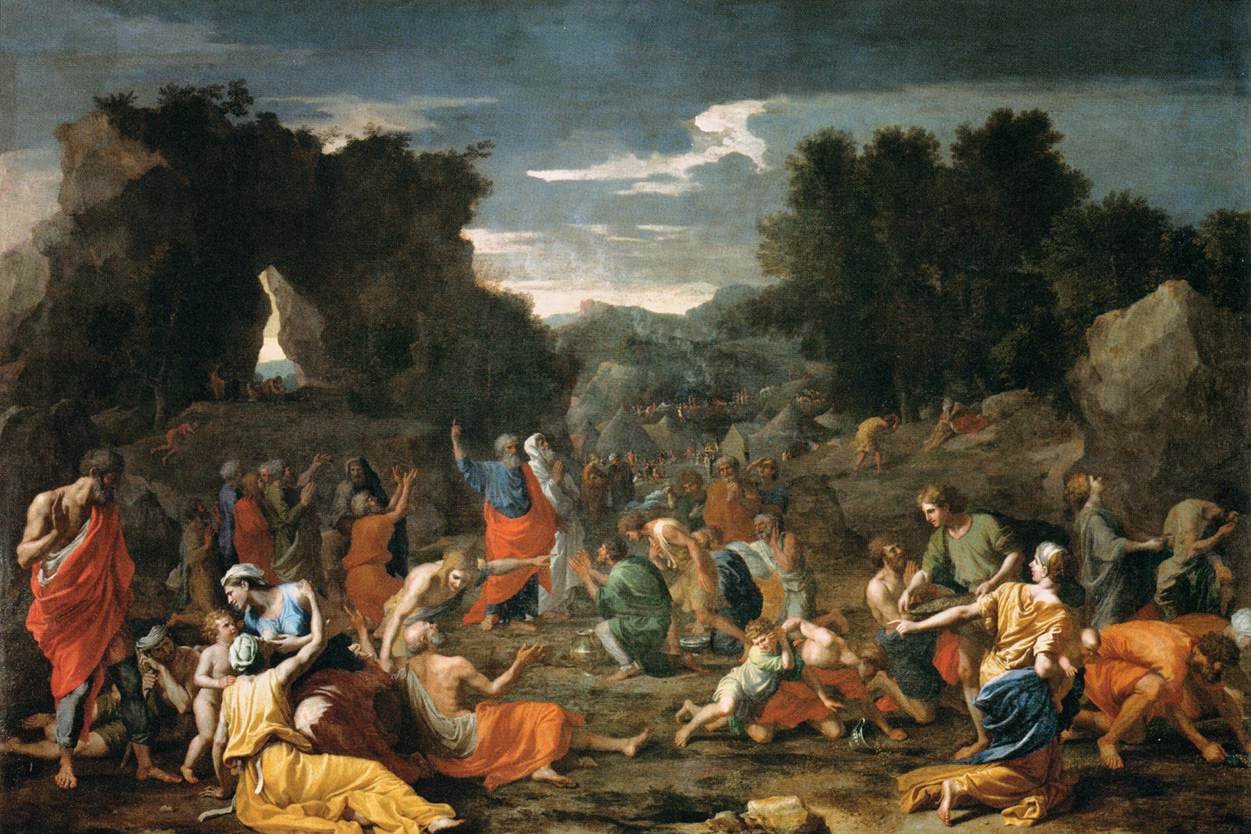 The Israelites gathering manna in the wilderness