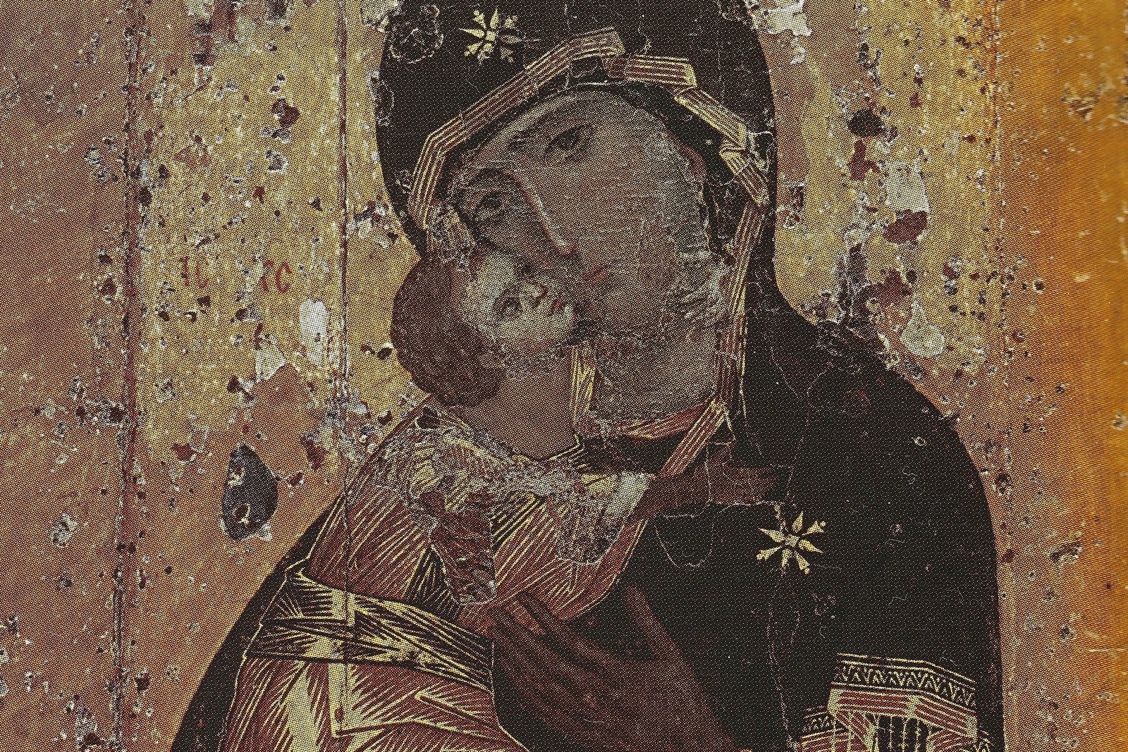 The Theotokos of Vladimir, a 12th-century Byzantine icon of Mary holding the infant Jesus, his cheek pressed against hers, against a gold background.