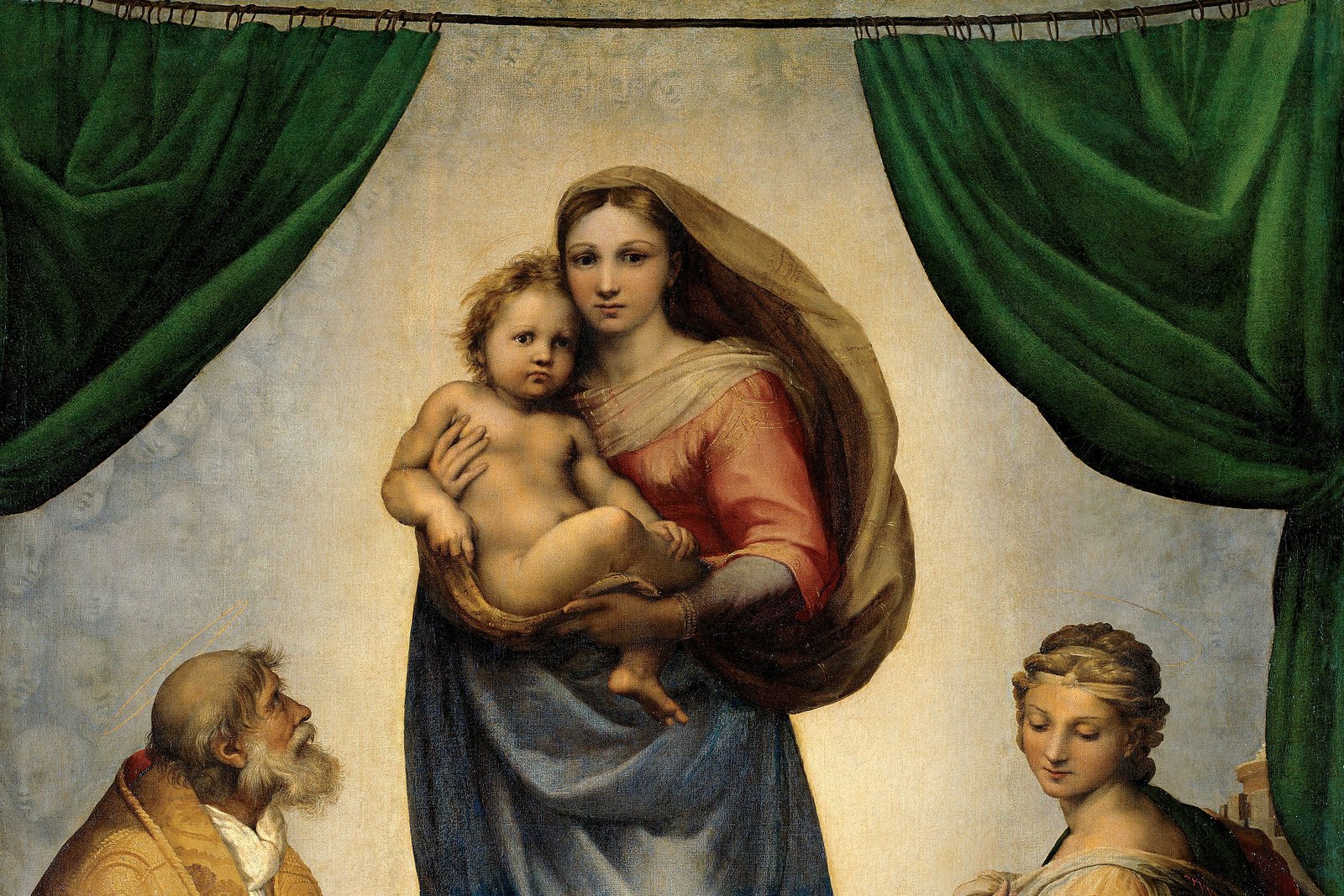 Raphael's Sistine Madonna, showing Mary holding the infant Jesus, standing on clouds between green curtains, flanked by Saint Sixtus and Saint Barbara.