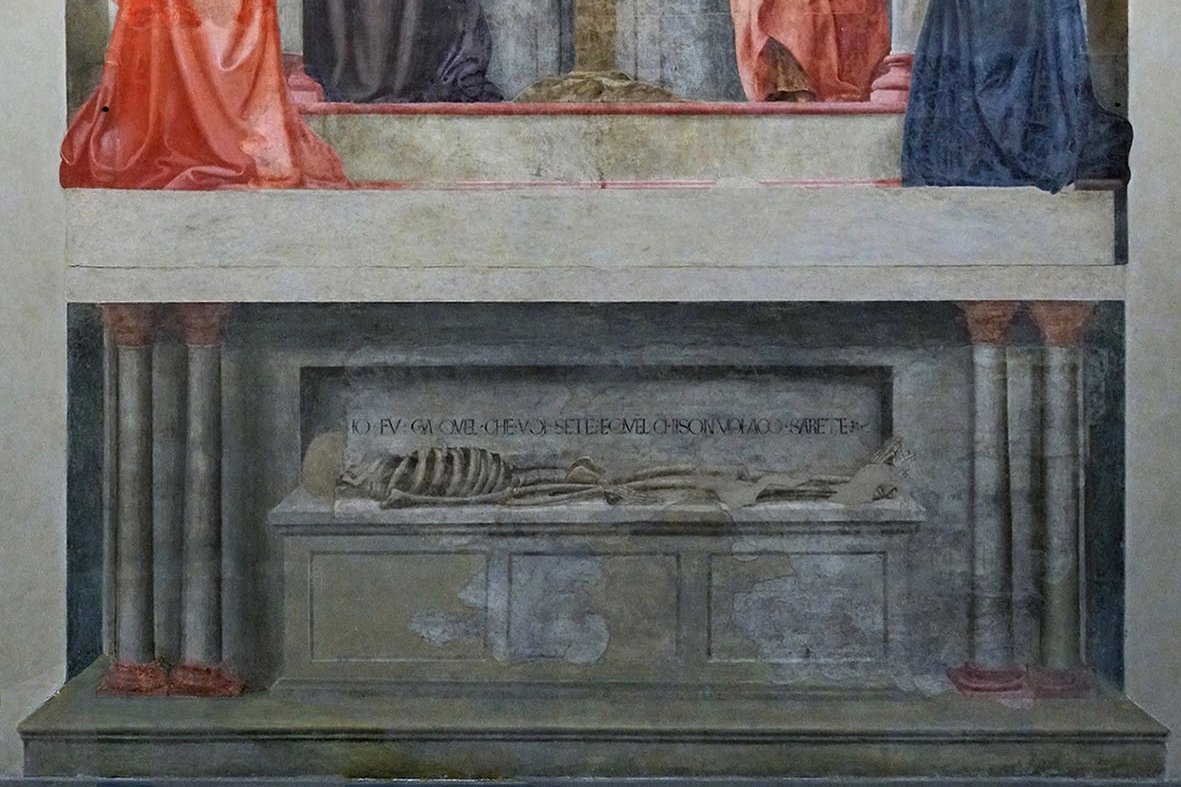Masaccios Fresko der Heiligen Dreifaltigkeit, zeigt Gottvater, der den gekreuzigten Christus stützt, innerhalb einer gemalten architektonischen Kapelle, mit knienden Stifterfiguren darunter.