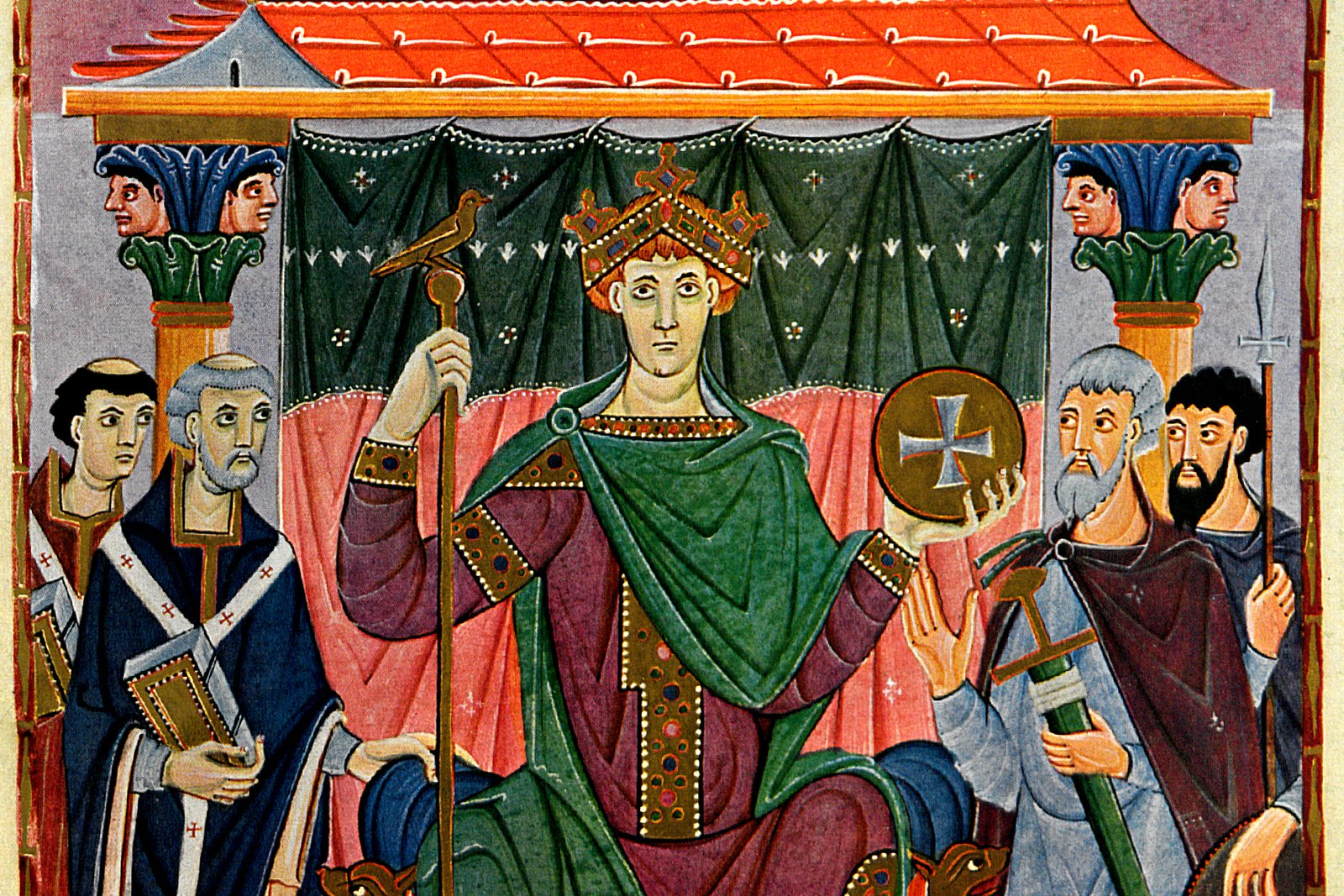 Emperor Otto III enthroned in majesty, flanked by clergy holding books and armed nobles, from an Ottonian illuminated Gospel manuscript.