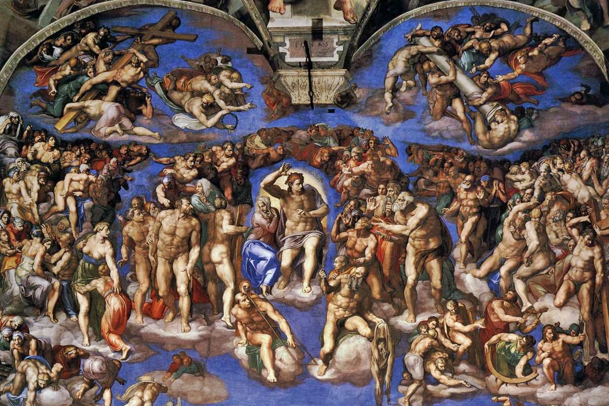 Michelangelo's Last Judgment fresco on the altar wall of the Sistine Chapel, showing a muscular Christ at the center surrounded by a swirling mass of ascending and descending figures.