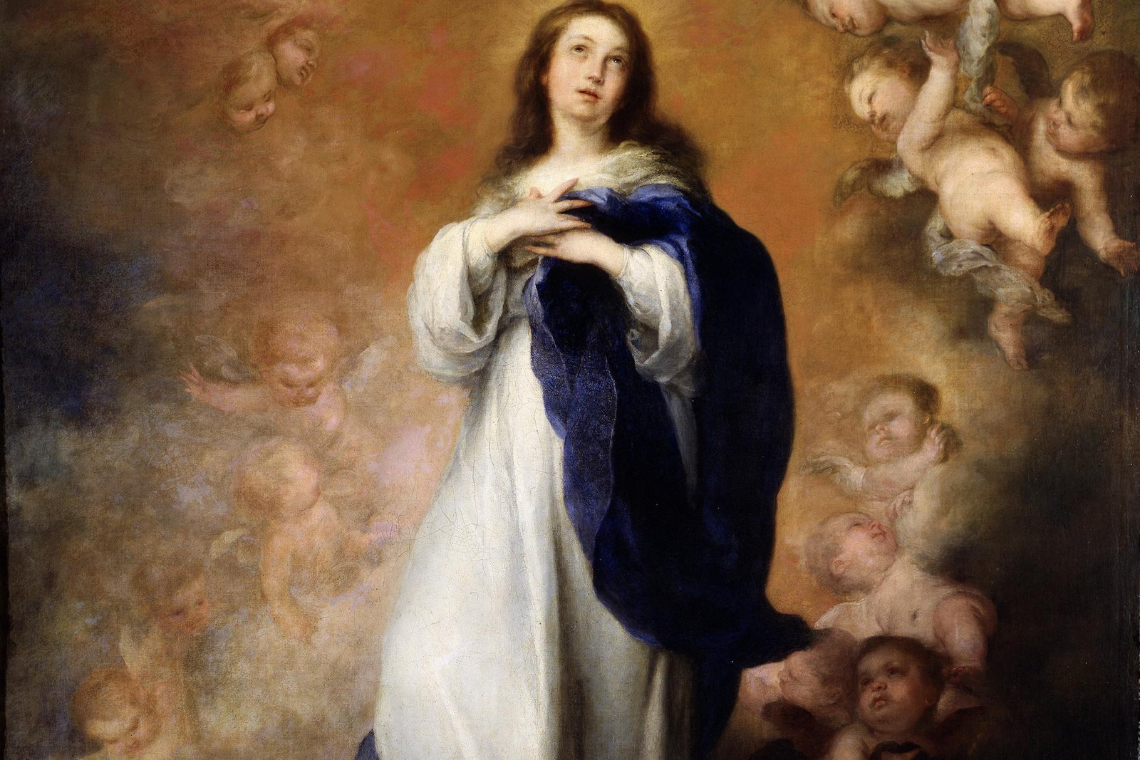 Bartolomé Esteban Murillo's painting of the Immaculate Conception, showing Mary standing on a crescent moon surrounded by cherubs, robed in white and blue.