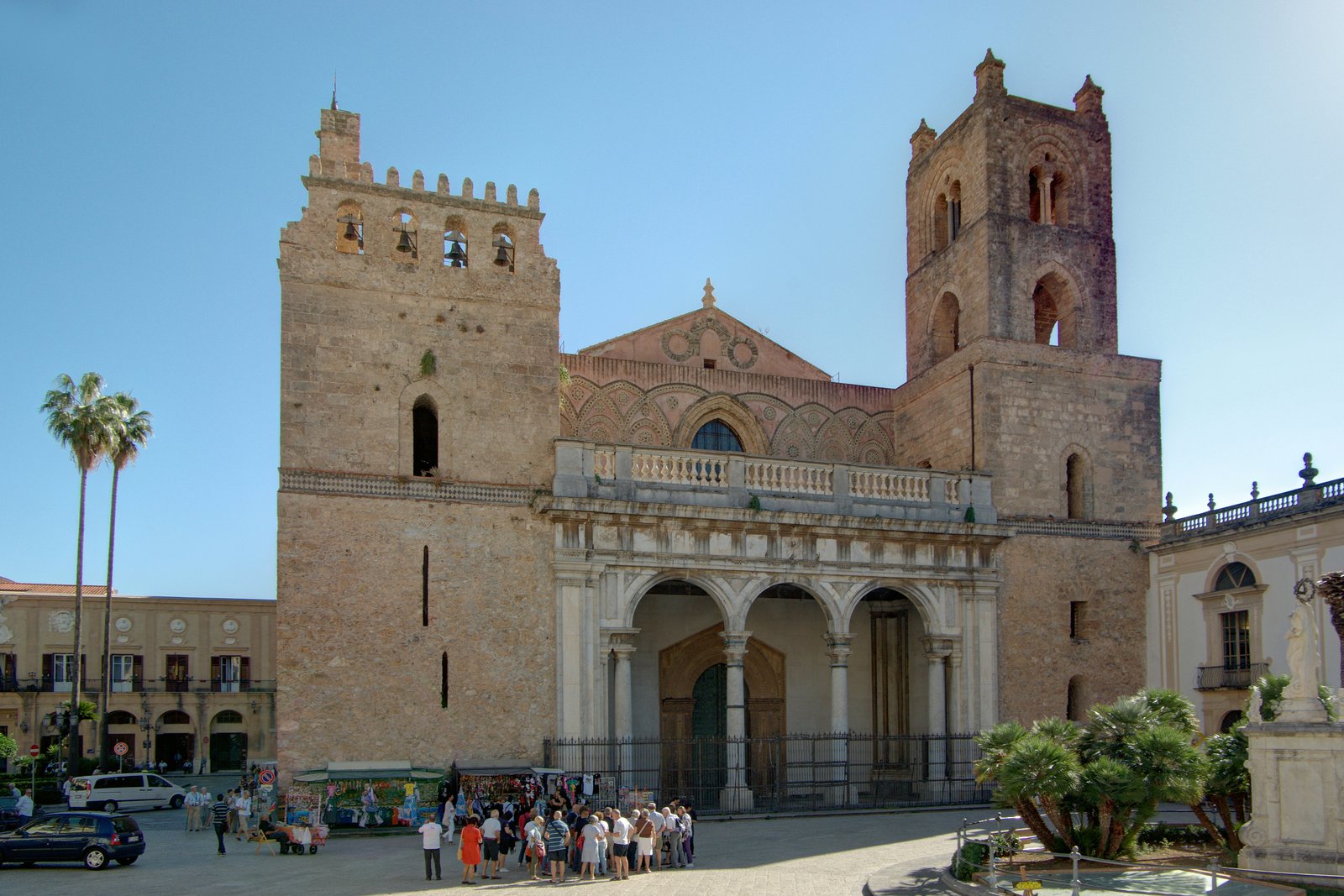 The exterior apse of Monreale Cathedral near Palermo, Sicily, showing its intricate interlaced stone and mosaic decoration