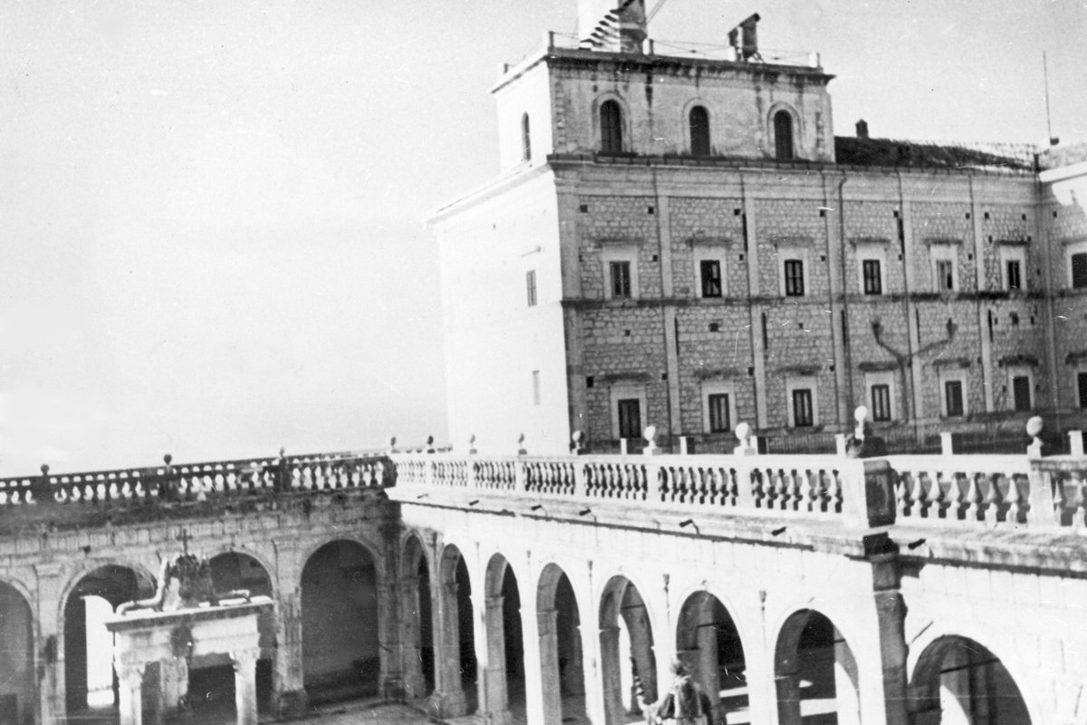 The Benedictine Abbey of Monte Cassino and its cloister, photographed in February 1944