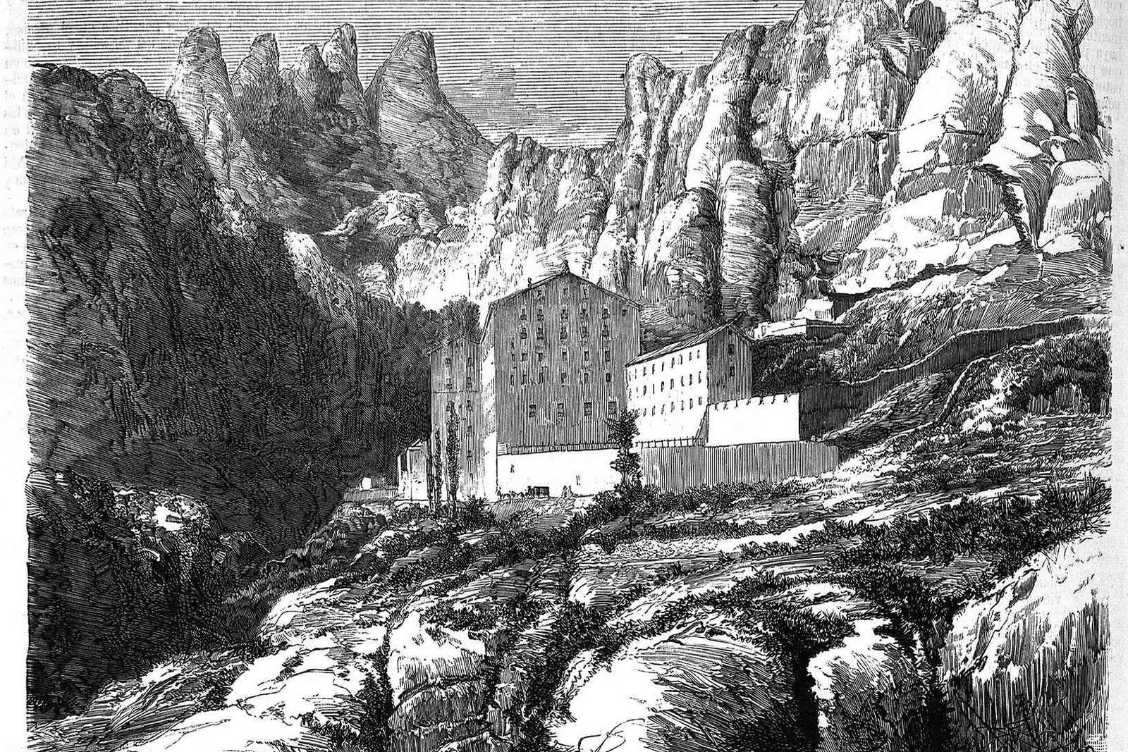 A 19th-century print of the Monastery of Montserrat seen from the east, set against its jagged mountain backdrop.