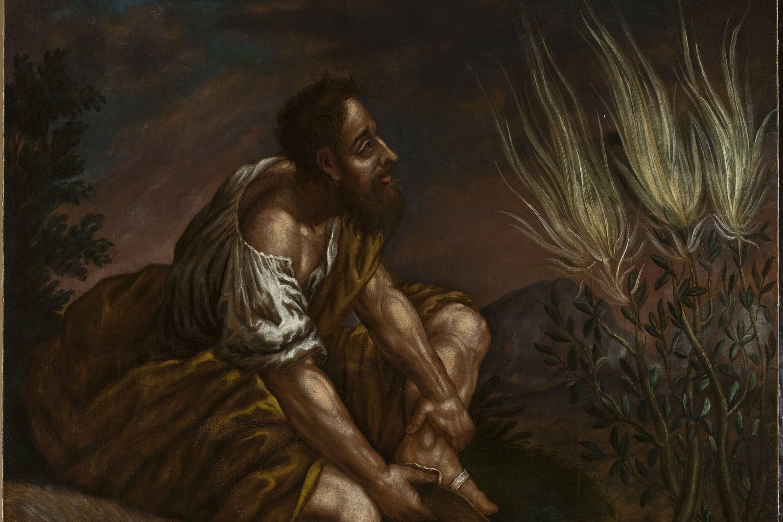 Moses kneeling before the burning bush on Mount Horeb, removing his sandals, painted by Domenico Fetti