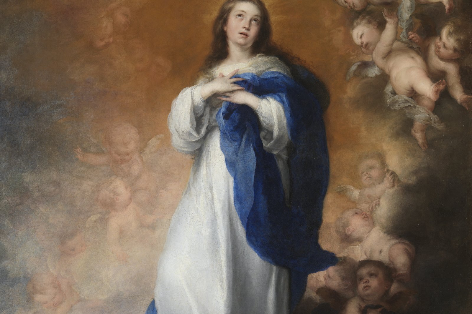 Bartolomé Esteban Murillo's painting of the Immaculate Conception, showing the Virgin Mary standing on a crescent moon surrounded by cherubs, robed in white and blue.