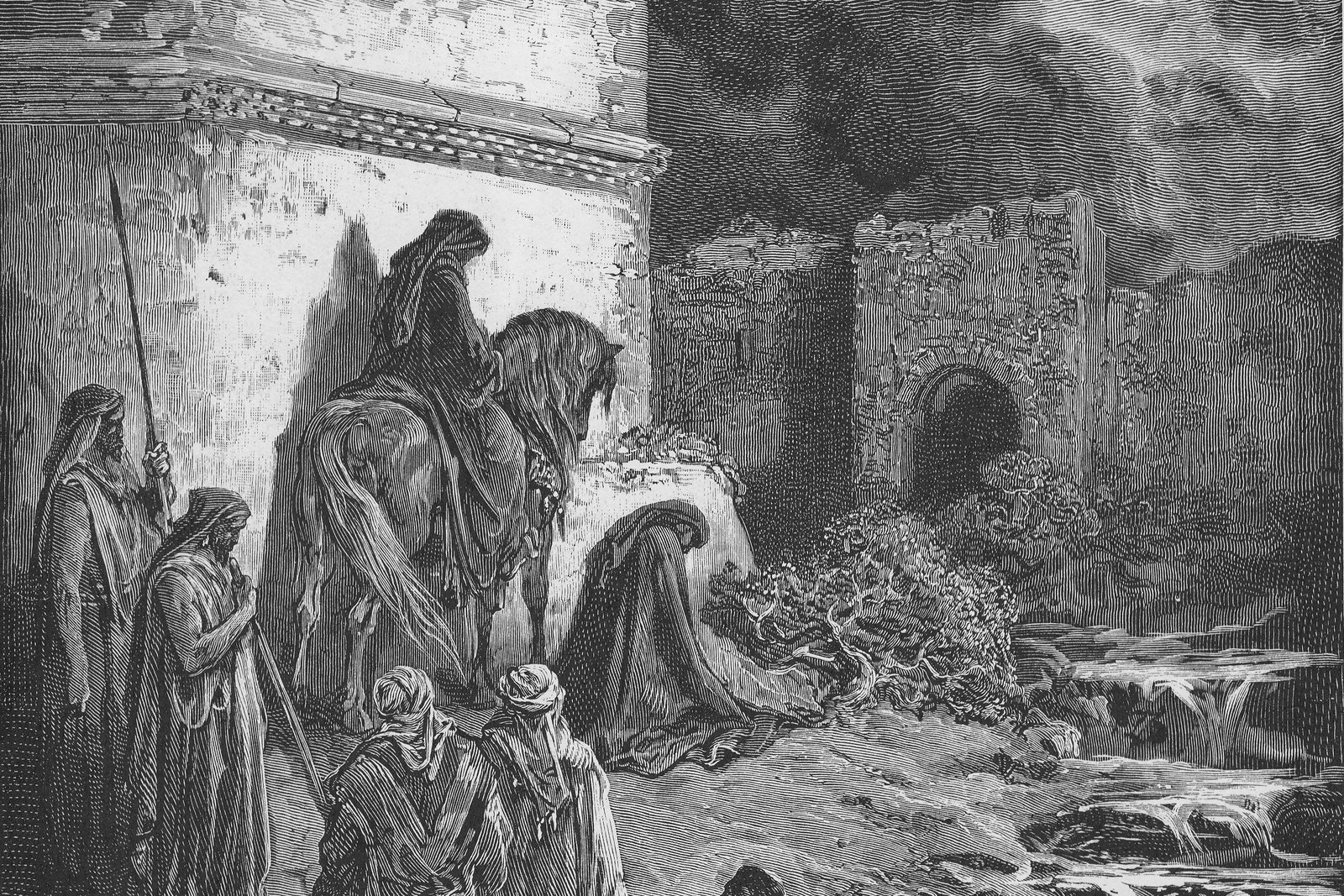Nehemiah surveying the broken, fire-scarred walls and gates of Jerusalem by night