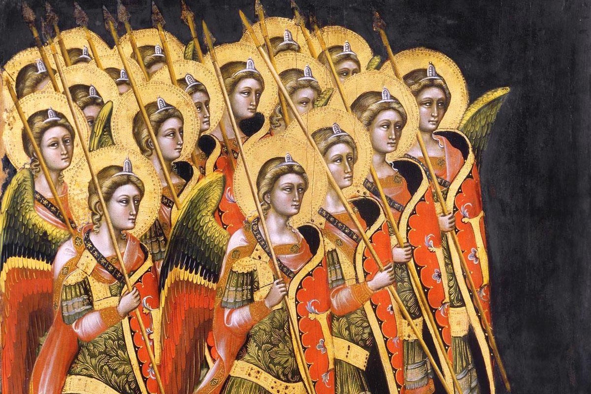 A phalanx of winged, haloed angels in gold and orange armor, carrying spears, from a 14th-century Italian panel painting.