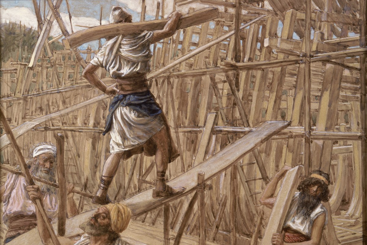 Aquarell-Illustration von Noah und seinen Söhnen, die die hölzerne Arche auf einem großen Gerüst errichten.