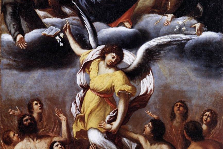 Ludovico Carracci's painting of an angel lifting souls out of the flames of purgatory toward the Virgin and Child enthroned above in clouds.