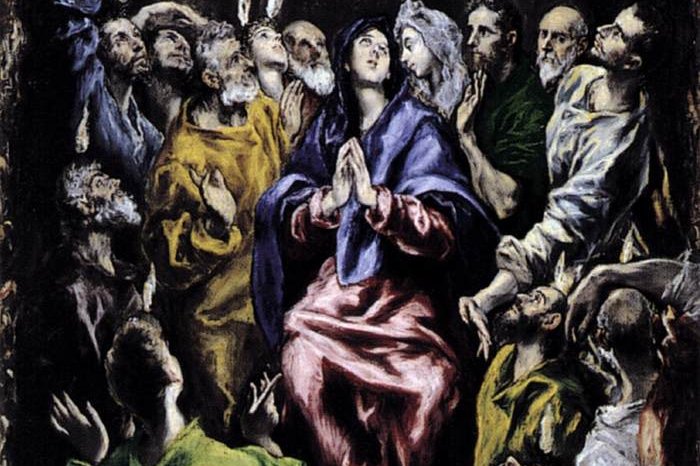 El Greco's painting of the descent of the Holy Spirit as tongues of fire over Mary and the apostles gathered in the upper room.