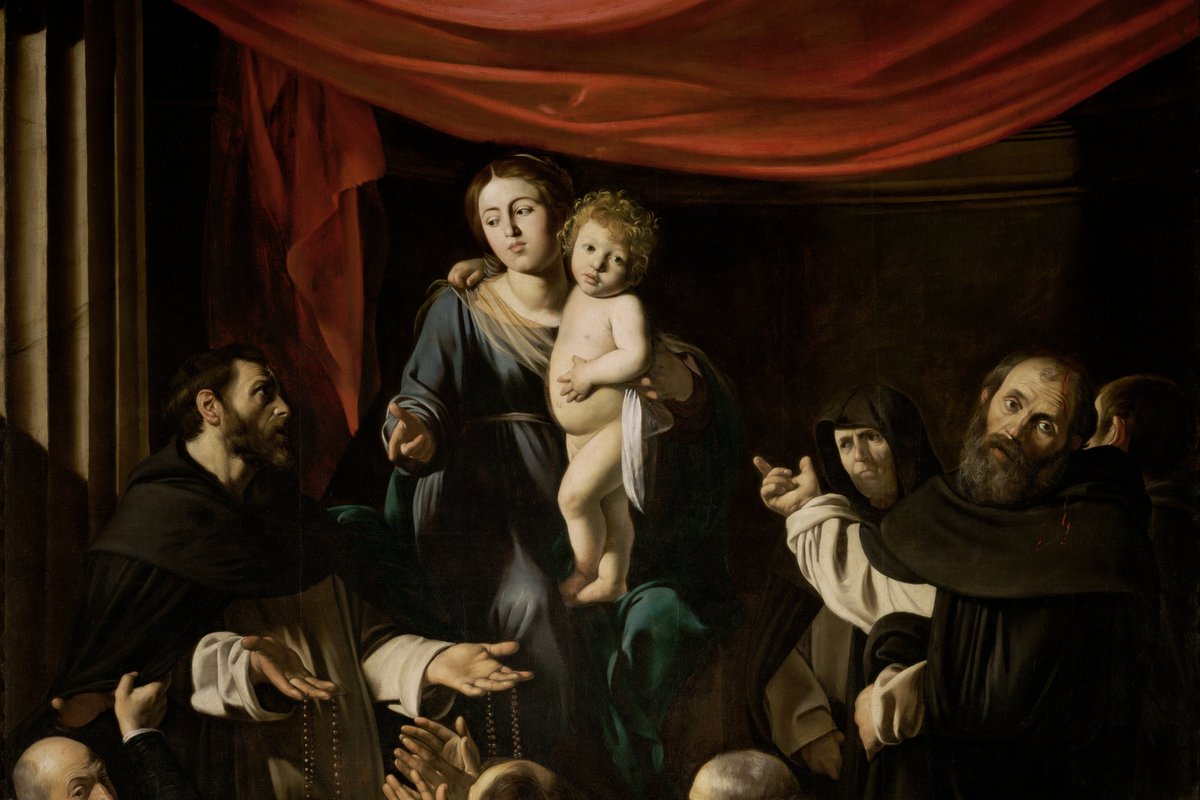 The Virgin Mary presenting the rosary to Saint Dominic, painting by Caravaggio
