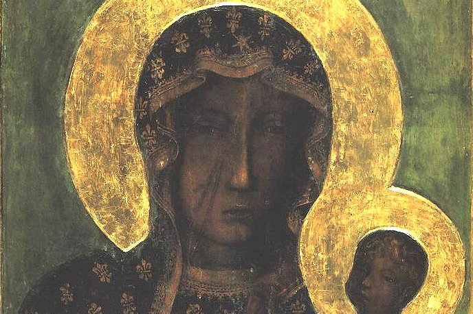 Close-up of the Black Madonna of Czestochowa icon, showing the Virgin's dark-toned face with visible scars on her right cheek, golden halo, and the Christ Child in fleur-de-lis robes
