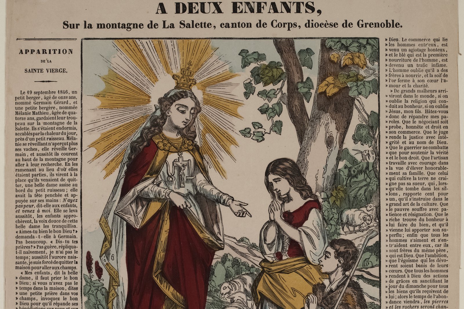 Anonymous 19th-century engraving of the apparition of the Virgin Mary to two children on the mountain of La Salette, France