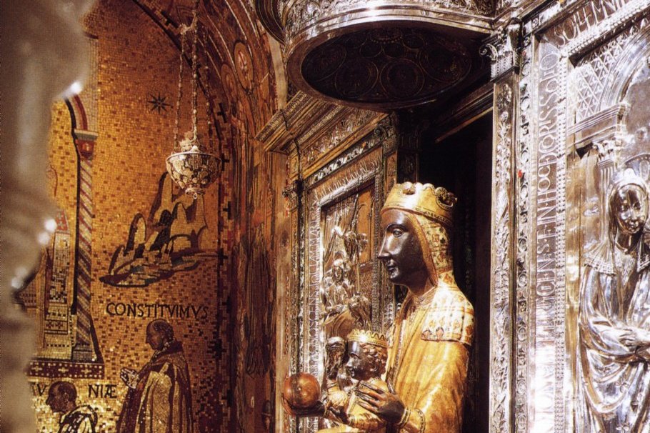 The Romanesque wooden statue of Our Lady of Montserrat, known as La Moreneta, enshrined at the Benedictine Abbey of Montserrat in Catalonia, Spain