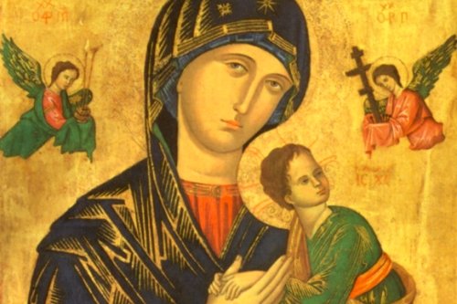 The Byzantine icon of Our Lady of Perpetual Help, showing Mary and the Christ Child flanked by the Archangels Michael and Gabriel carrying instruments of the Passion