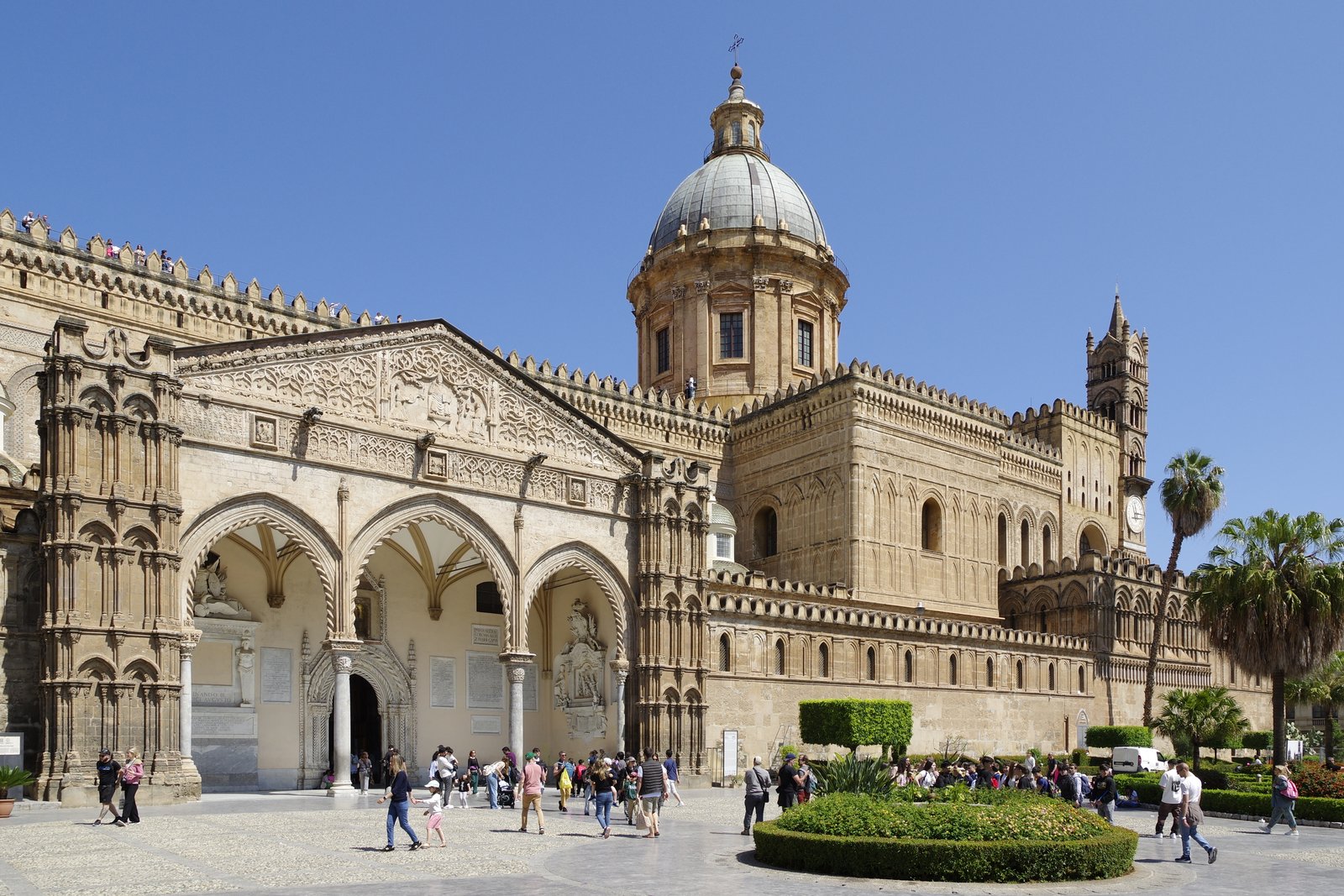 The eclectic exterior of Palermo Cathedral in Sicily, showing its mix of Norman, Gothic, and Neoclassical architectural styles