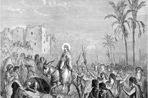 Jesus riding a donkey into Jerusalem on Palm Sunday