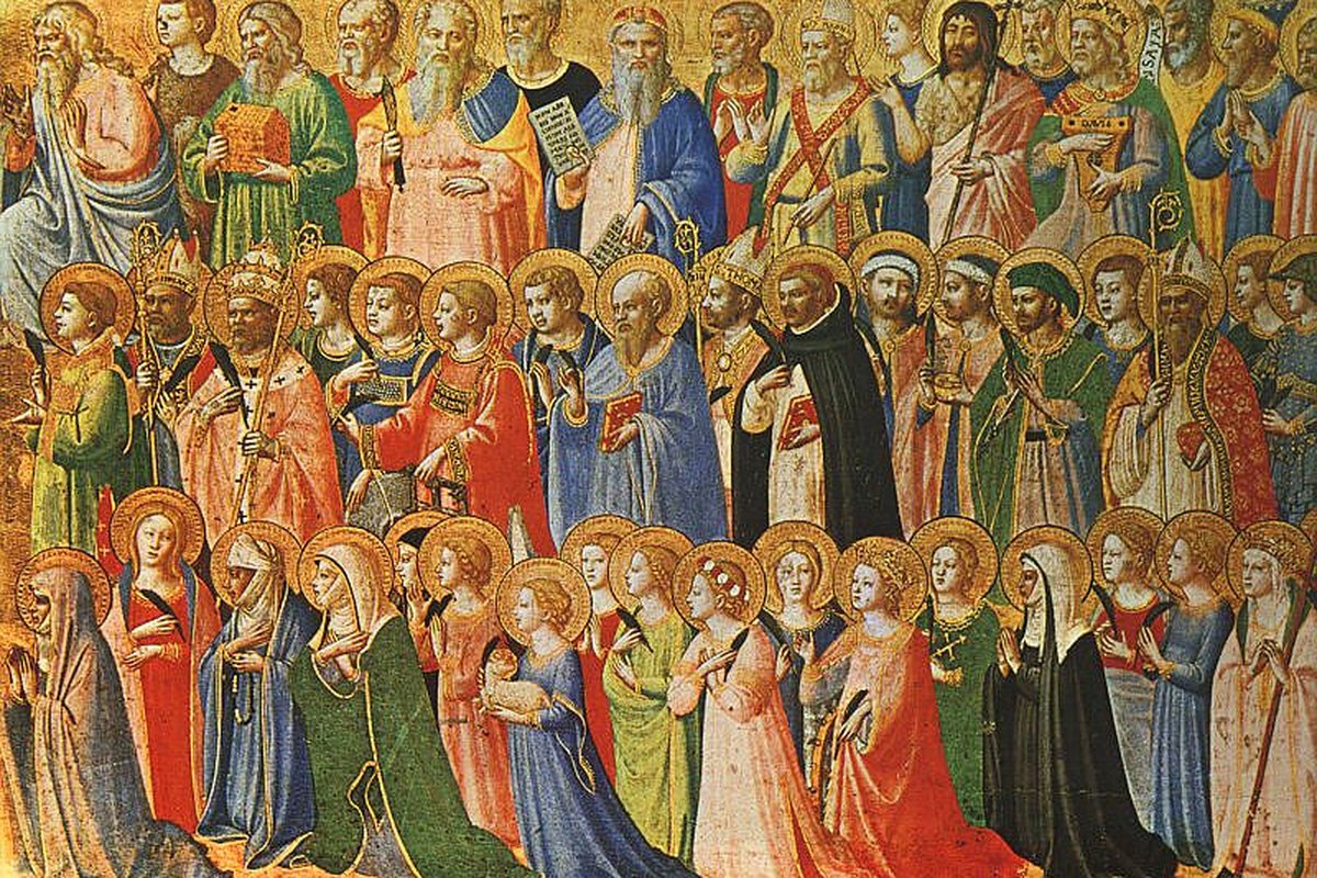 Eine Schar von Heiligen und Märtyrern mit Heiligenschein, in Reihen versammelt — Päpste, Bischöfe, Könige, Jungfrauen und Apostel — aus einem florentinischen Altarbild des 15. Jahrhunderts.