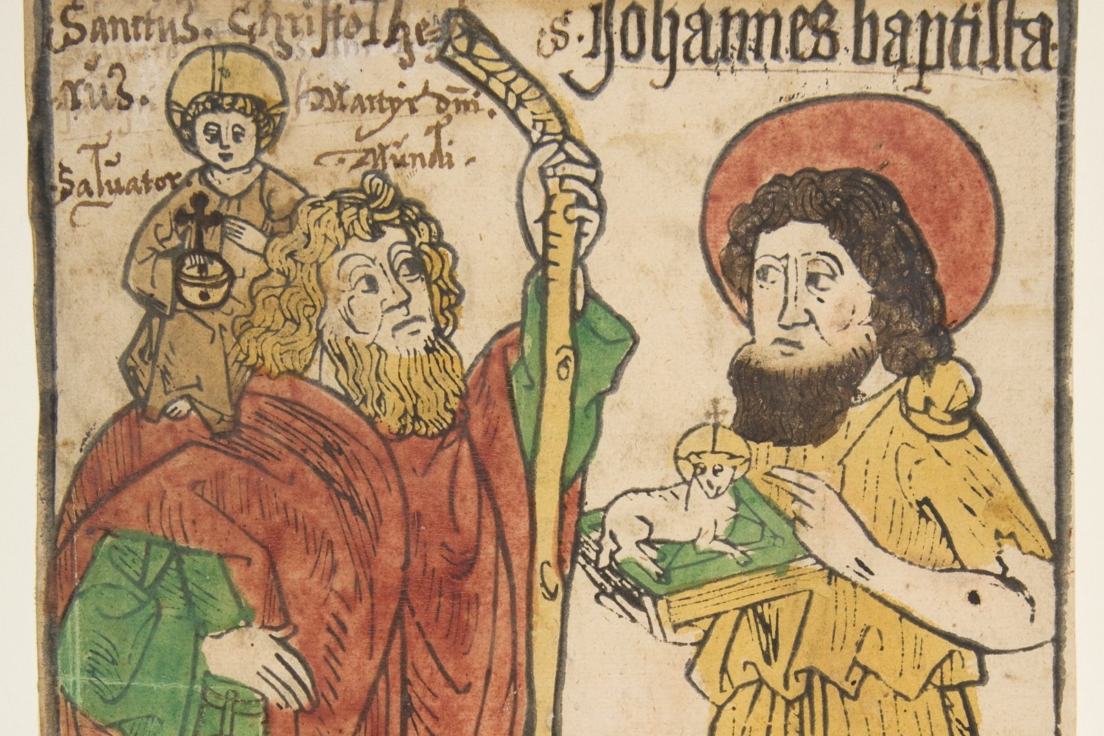 A 15th-century woodcut of Saint Christopher carrying the Christ child across a river, with Saint John the Baptist alongside.