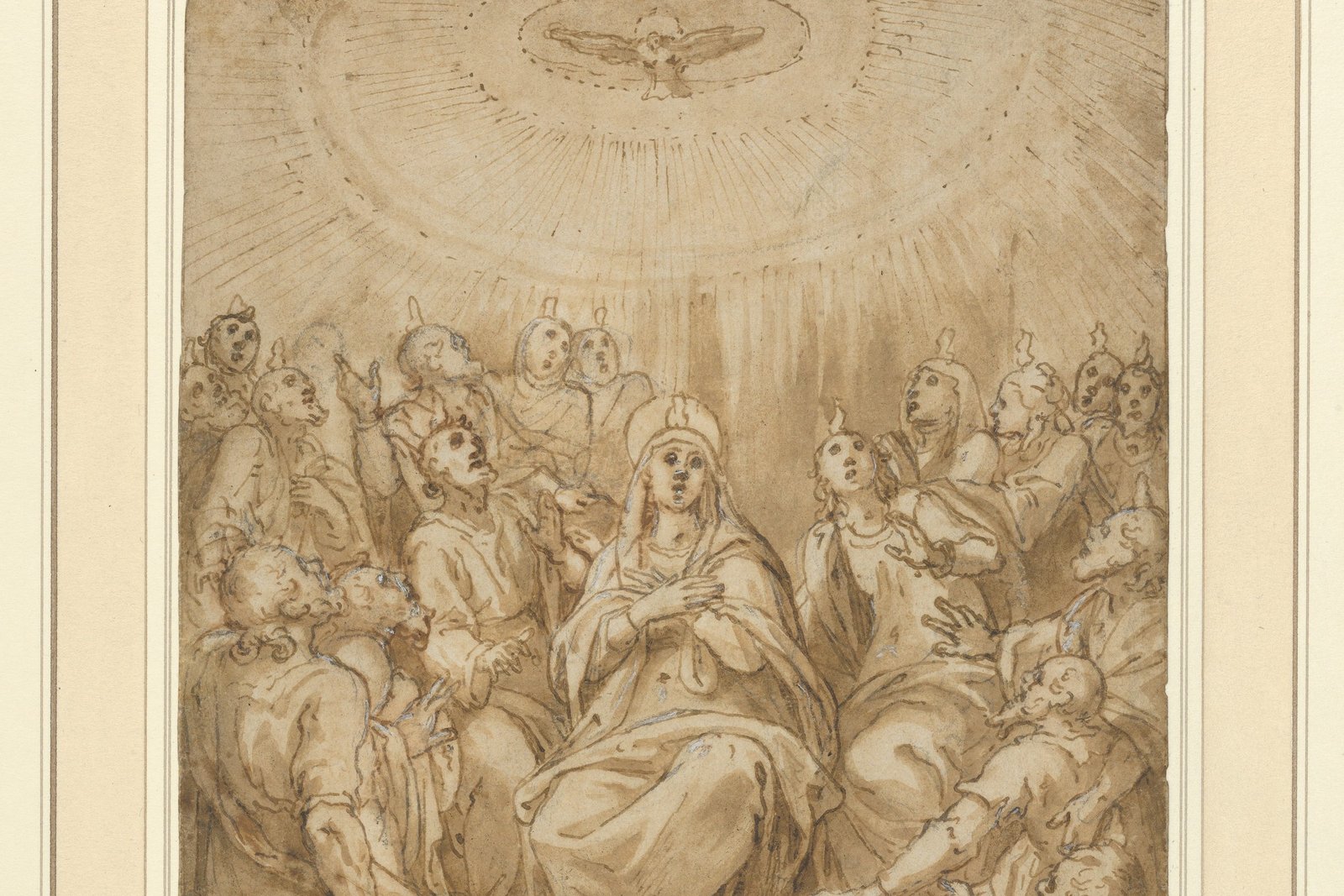 The Holy Spirit descending as tongues of fire over Mary and the apostles, painting by Cesare Nebbia