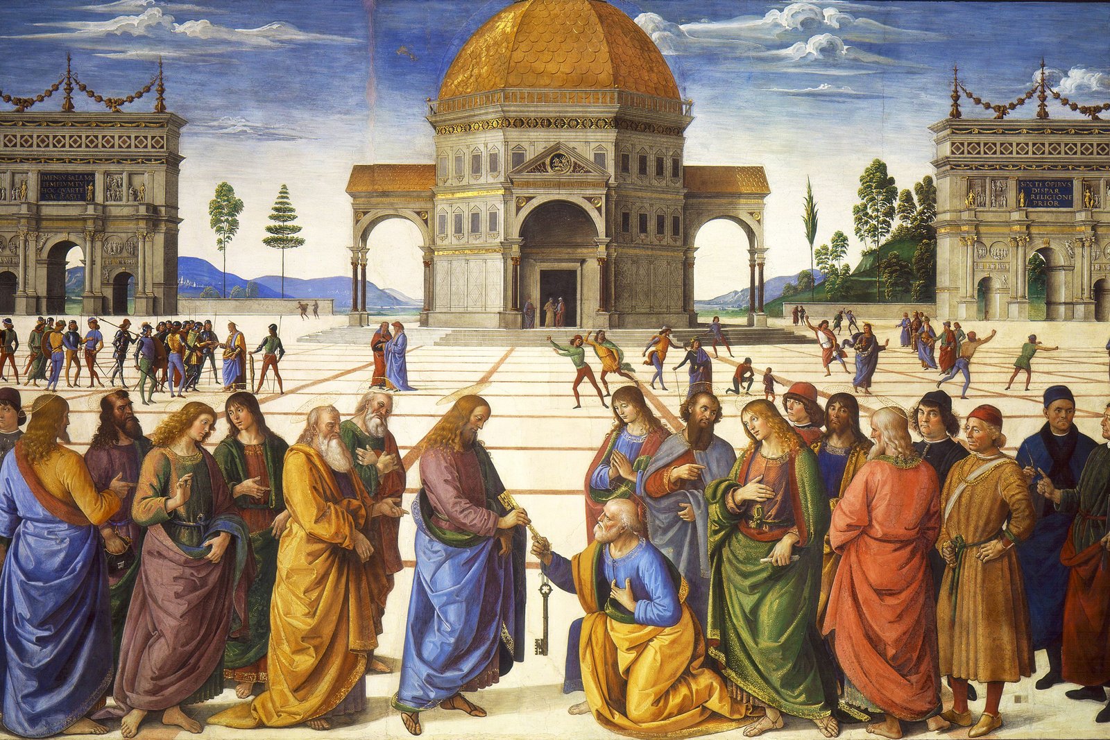 Perugino's fresco showing Christ handing a golden key to a kneeling Saint Peter, with a piazza and domed building in the background