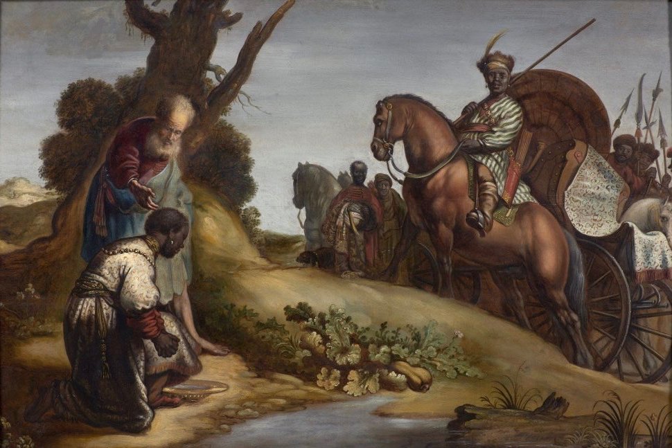 Philip baptizing the Ethiopian eunuch beside a chariot on a desert road, painting after Rembrandt
