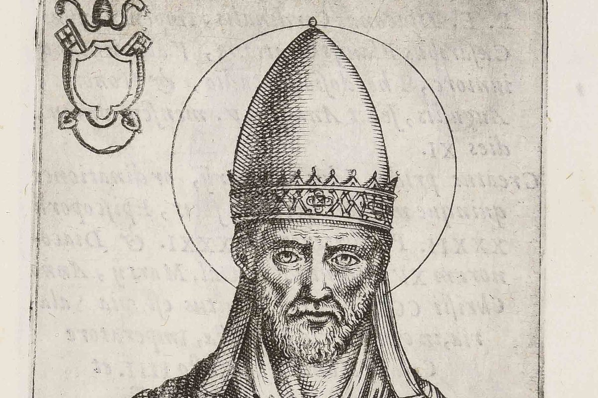A black-and-white engraved portrait of an elderly pope wearing a tall tiara and cross-embroidered vestments, framed by a halo, with the papal coat of arms in the corner.