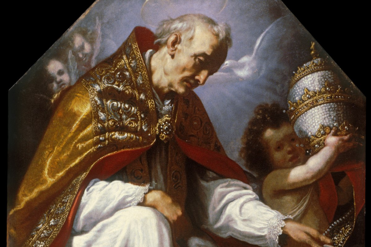 A Baroque painting of an elderly pope in ornate gold and red vestments, with a dove hovering nearby and a cherub holding his papal tiara.