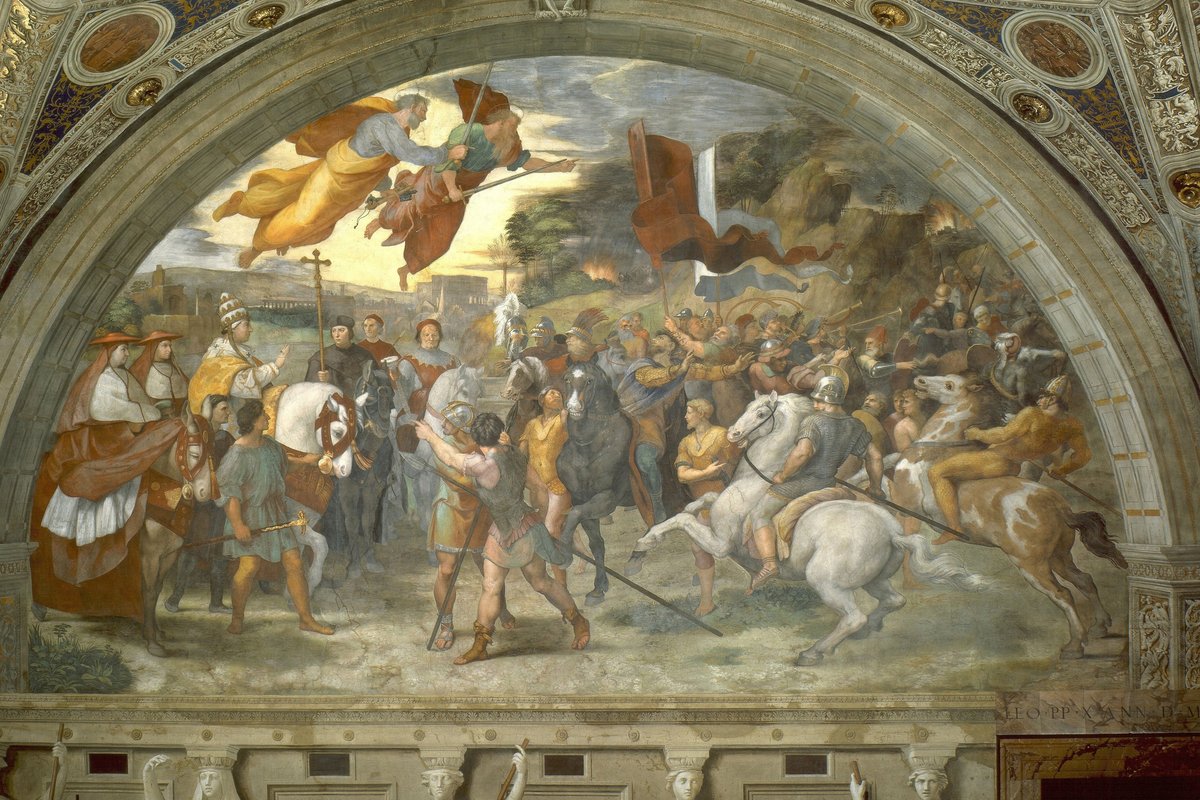 A Renaissance fresco showing a pope on a white mule confronting Attila the Hun's mounted army outside Rome, with Saints Peter and Paul appearing overhead bearing swords.