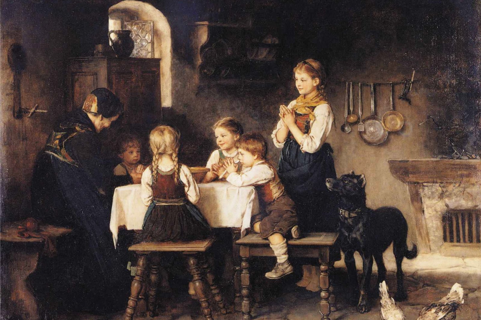 Franz von Defregger's painting of a grandmother and children praying grace before a meal in a farmhouse kitchen.