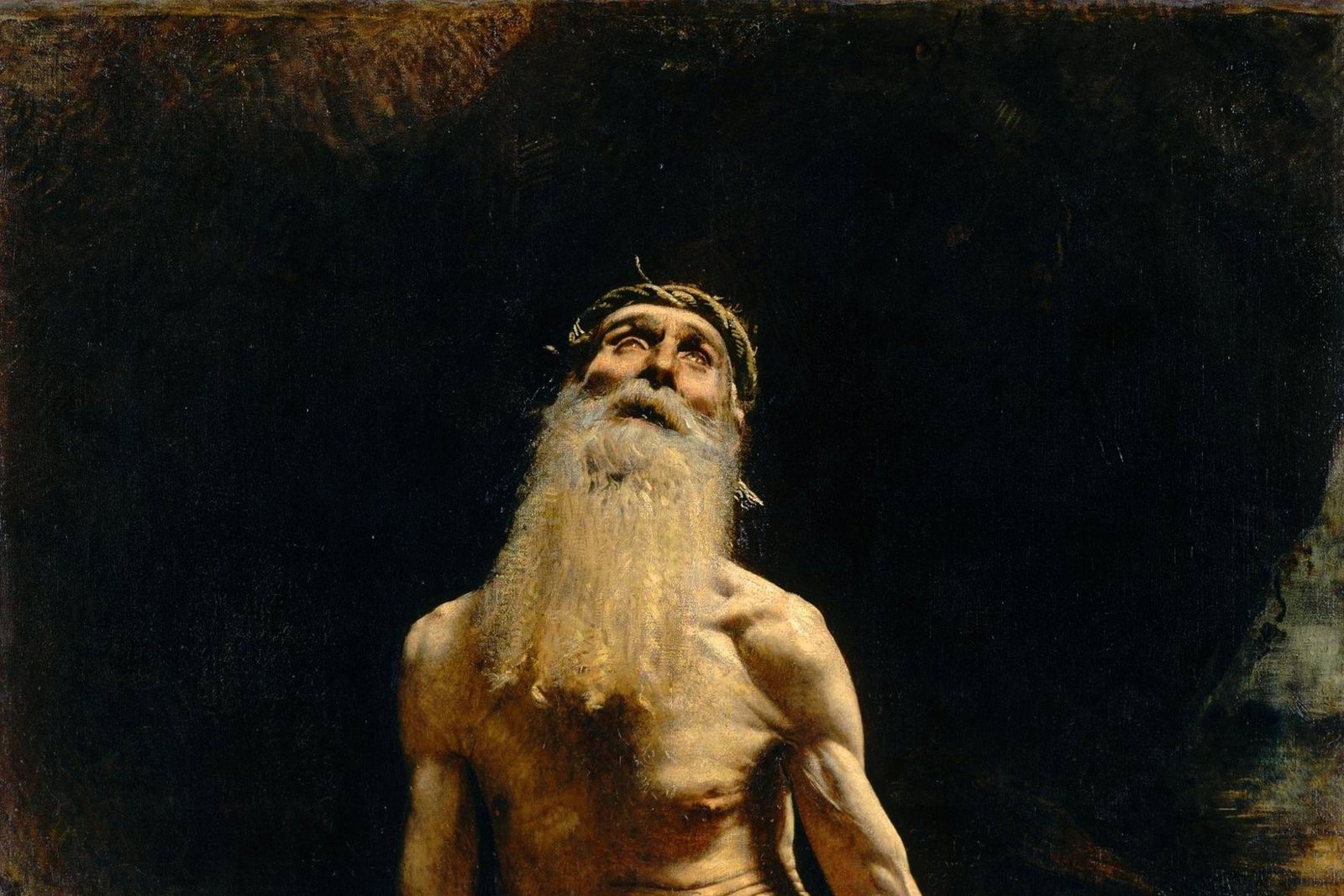 A painting of an elderly, suffering man with a long white beard looking upward with arms outstretched in anguished prayer, evoking the biblical Job.