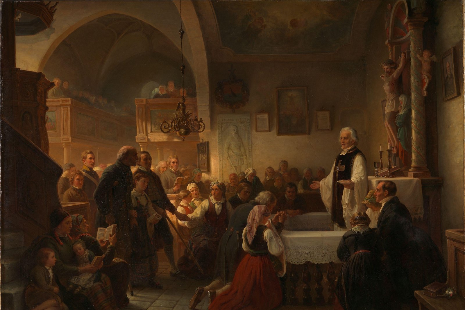 A 19th-century painting of a priest distributing Communion to kneeling worshippers in a church interior.