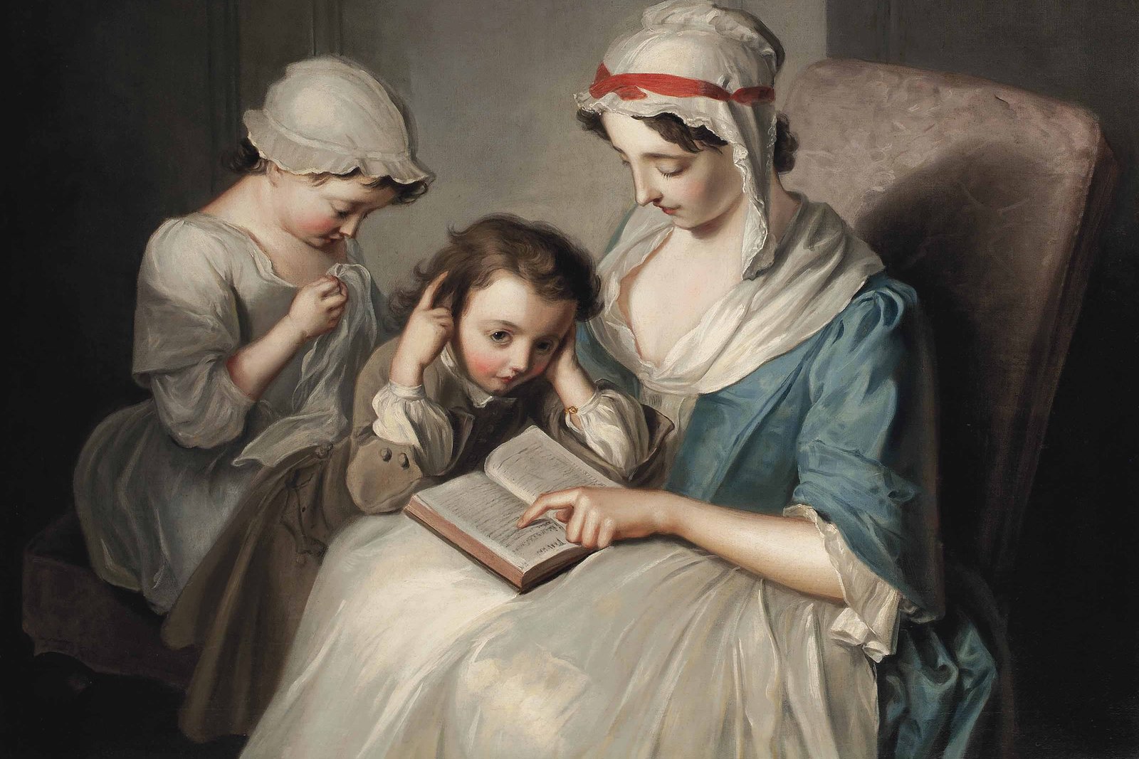 An 18th-century painting of a mother reading from a book to two young children.