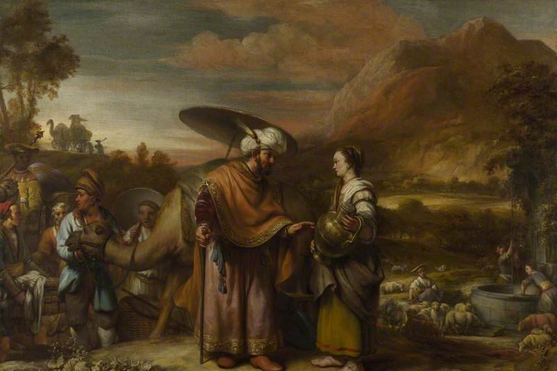 Rebekah offering water to Abraham's servant Eliezer at the well