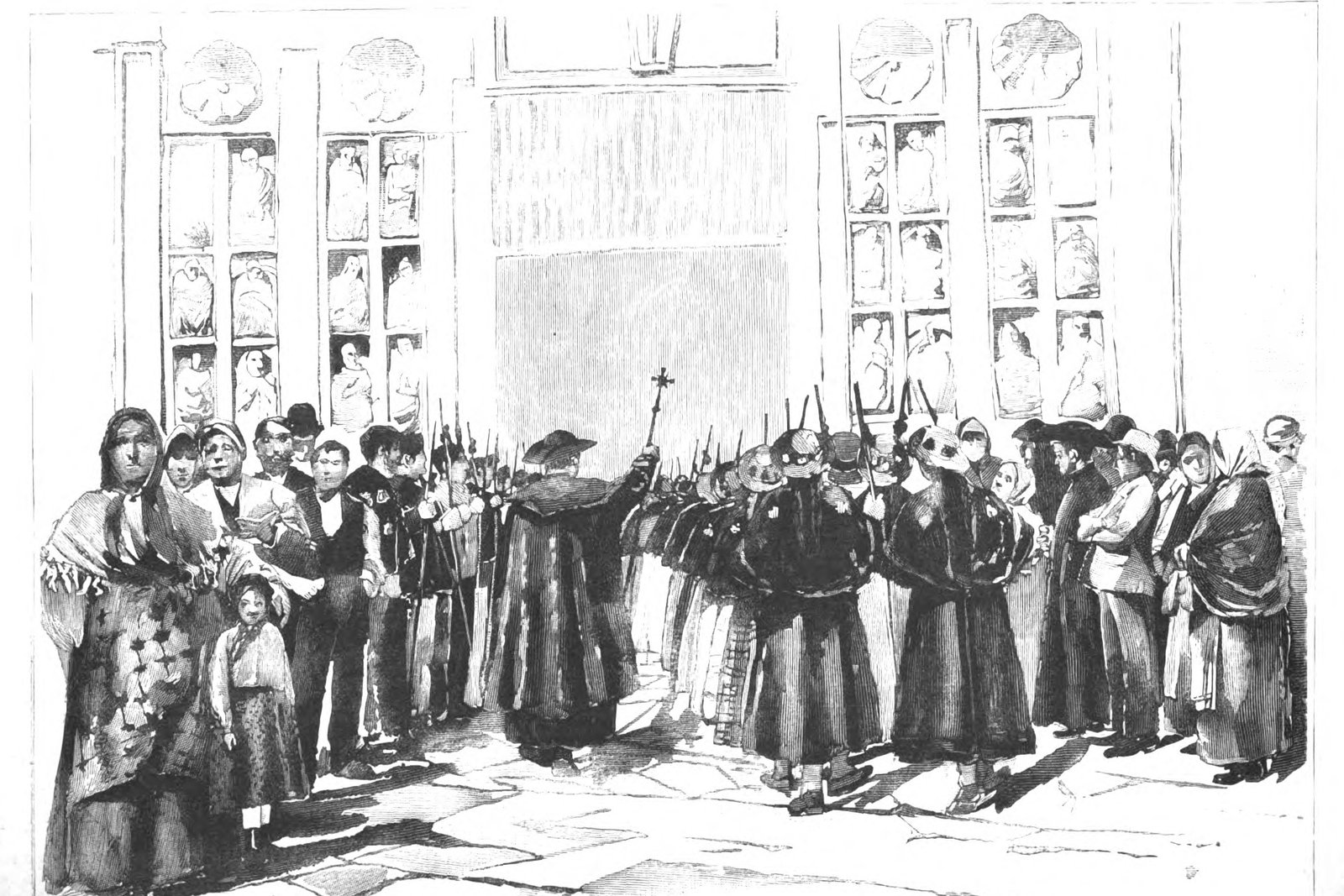 An 1885 engraving of pilgrims approaching the Holy Door of Santiago de Compostela Cathedral during a Jubilee year