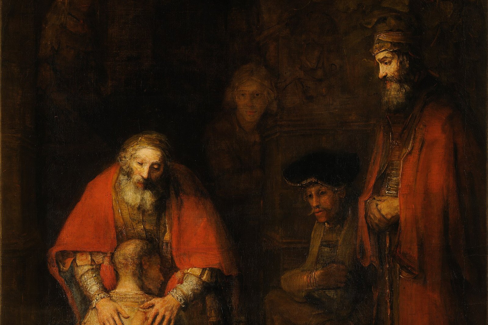 Rembrandt's painting The Return of the Prodigal Son, showing an old father embracing a kneeling, ragged son while three witnesses look on from the shadows.