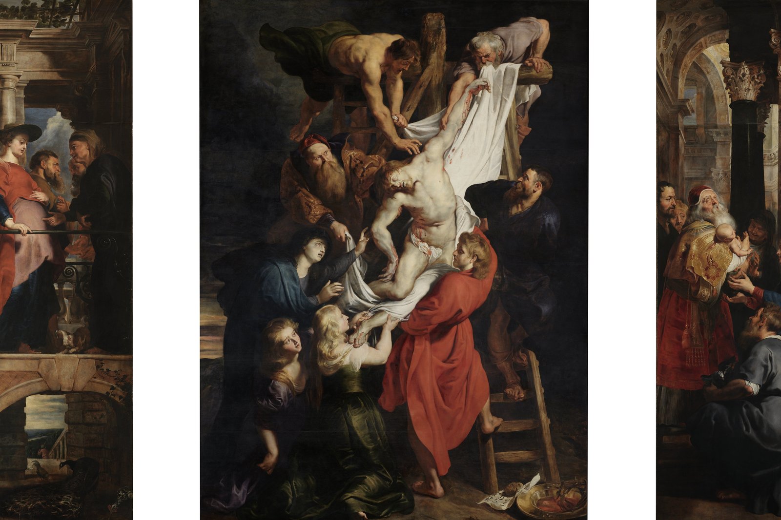 Rubens' Kreuzabnahme, zeigt den Leib Christi, der von einer Gruppe von Trauernden auf Golgota diagonal herabgelassen wird.