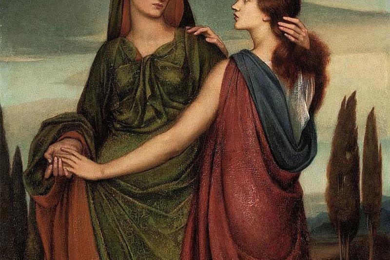 Ruth pledging her loyalty to Naomi, Pre-Raphaelite painting