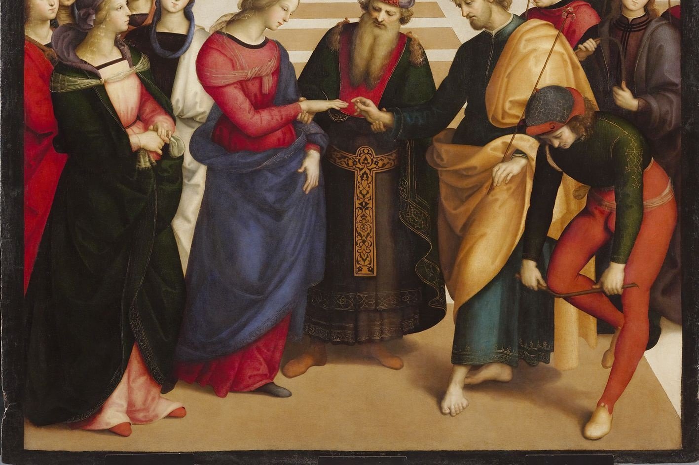 Raphael's painting of the marriage of the Virgin Mary and Joseph, with a priest joining their hands before witnesses.